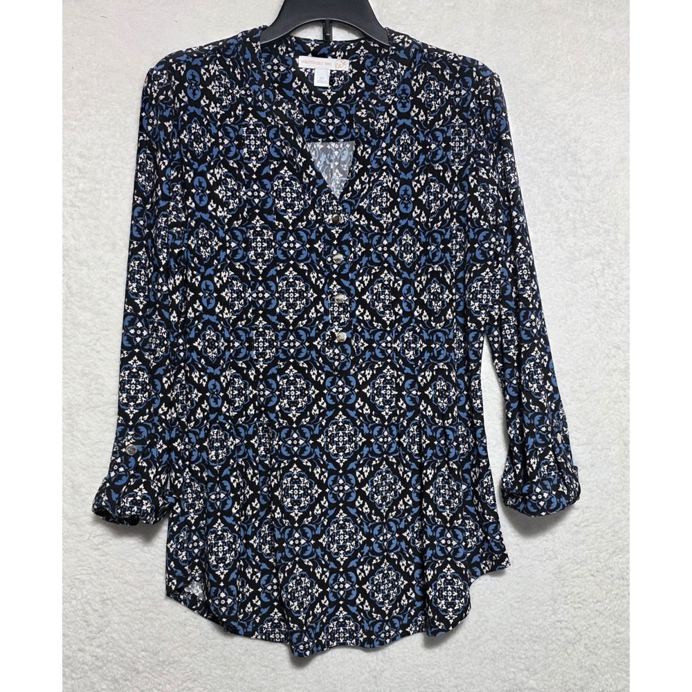 Westport 1962 Women's Blue Black Medallion Print Roll Tab Sleeve Blouse XS